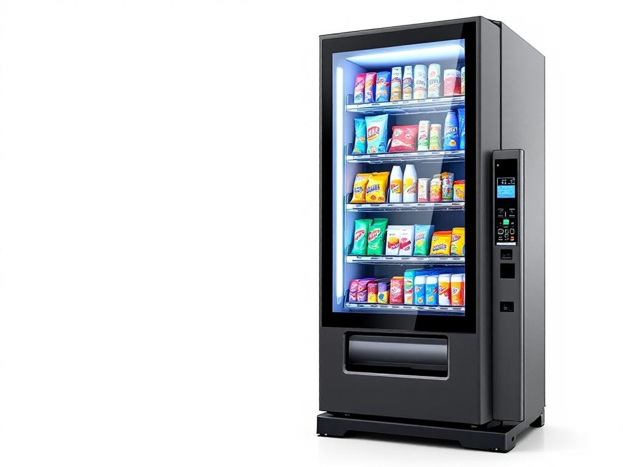 Modern cashless vending machine stocked with snacks and drinks